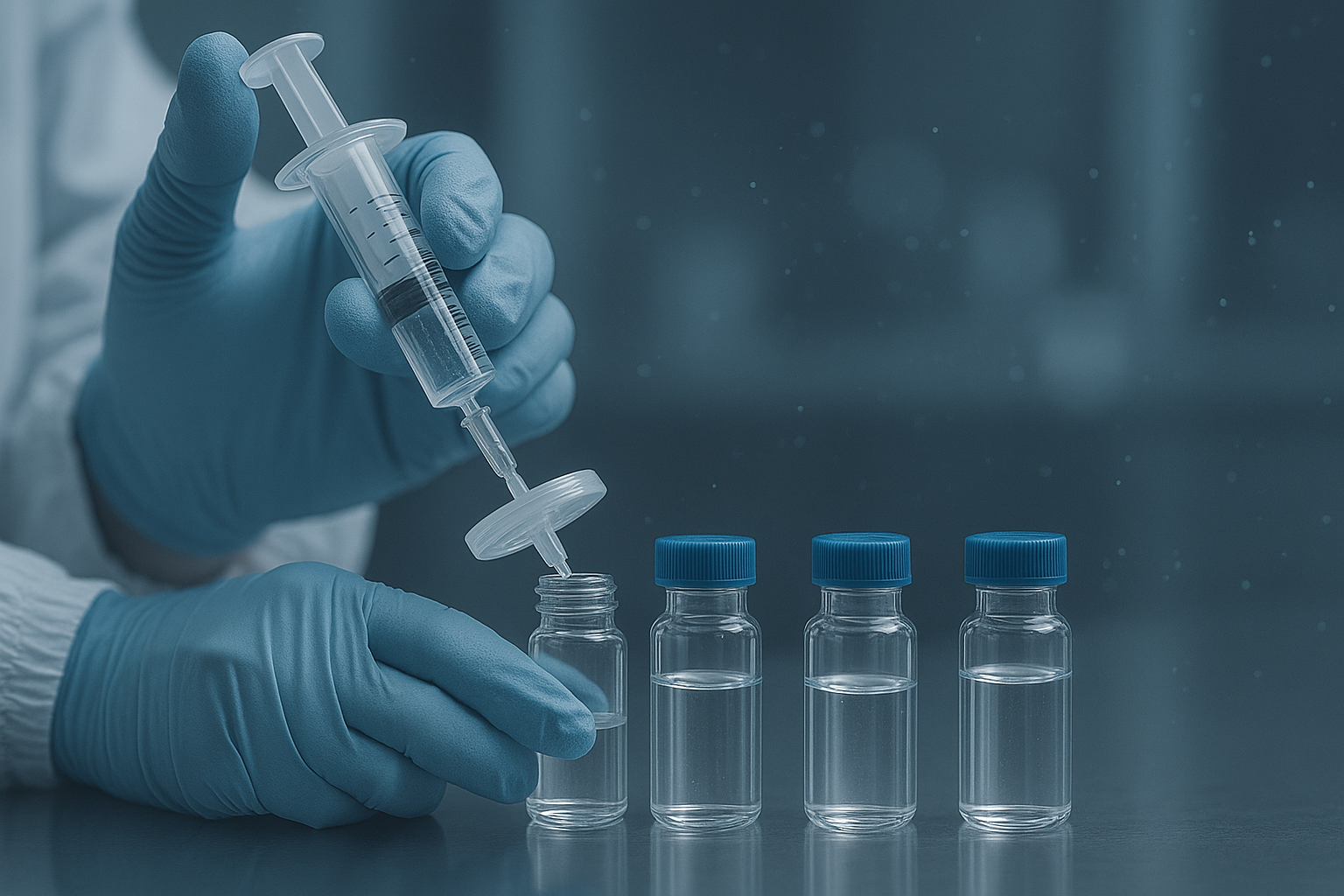 Scientist using gloves to handle chromatography vials and perform syringe filtration; contamination control visual metaphor with floating particles avoided; sterile workflow, high resolution lab photography, controlled light diffusion.
