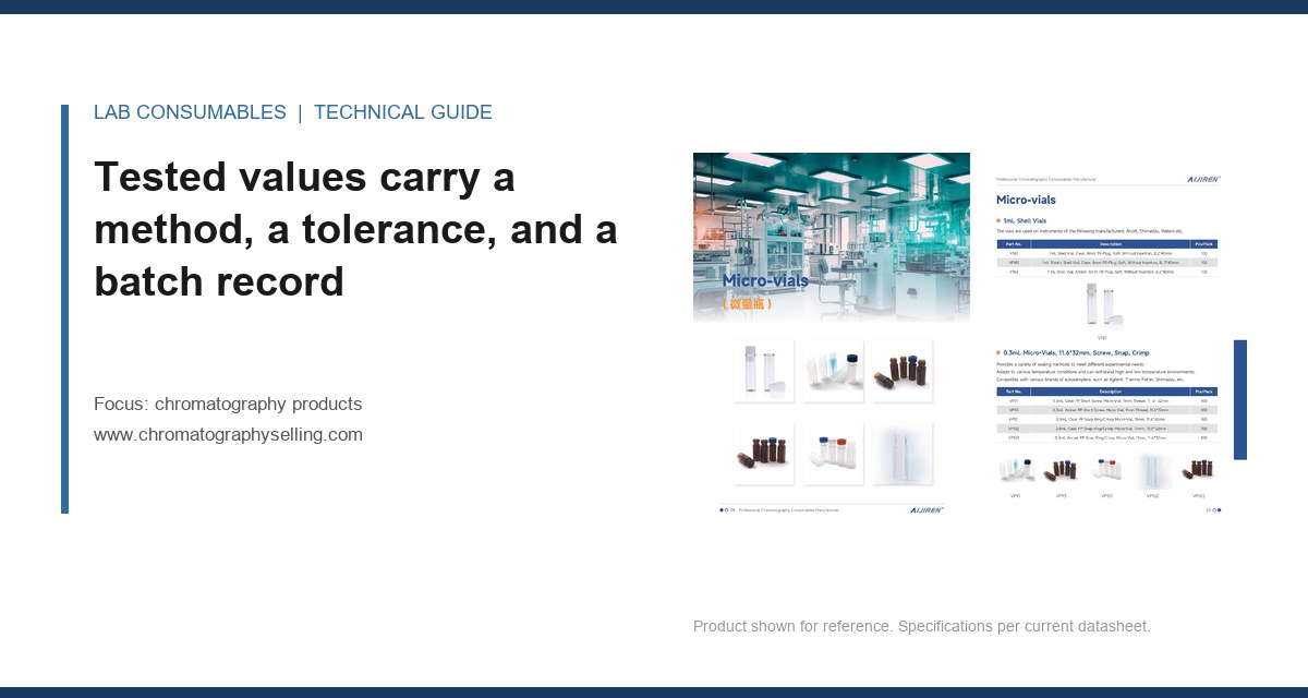 Tested values carry a method, a tolerance, and a batch record